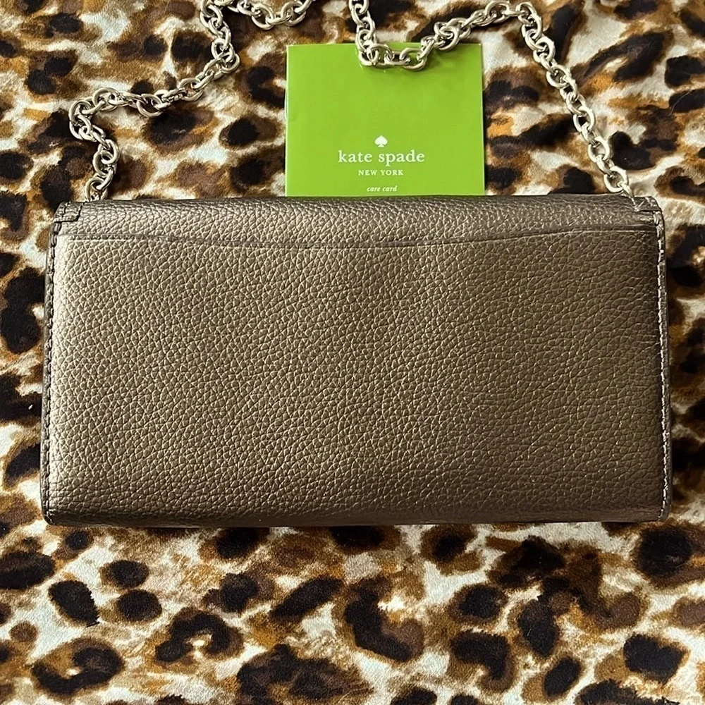 Brand New KATE SPADE Leather Eva Wallet Clutch Chain Shoulder Bag Ash Metallic